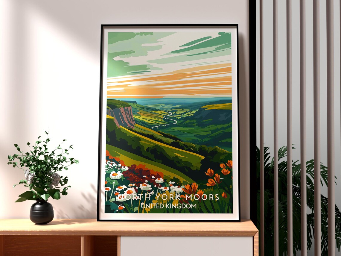 North York Moors United Kingdom Stylized Valley Wildflowers Sunset Poster