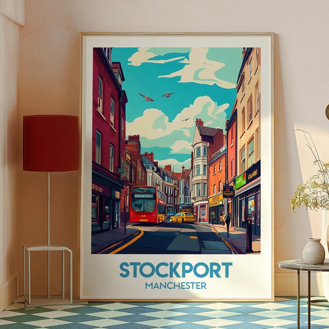 Stockport Manchester Bustling High Street Red Bus Travel Poster - Image 2