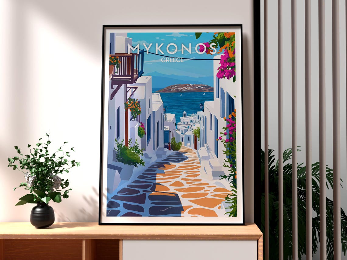 Mykonos Greece Whitewashed Old Town Harbor Lane Scene Poster
