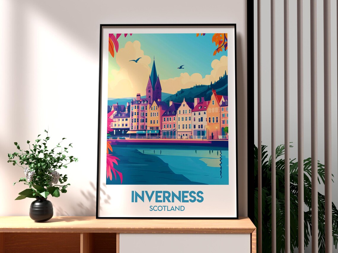 Inverness Scotland Riverside Old Town Spire Vintage Travel Poster
