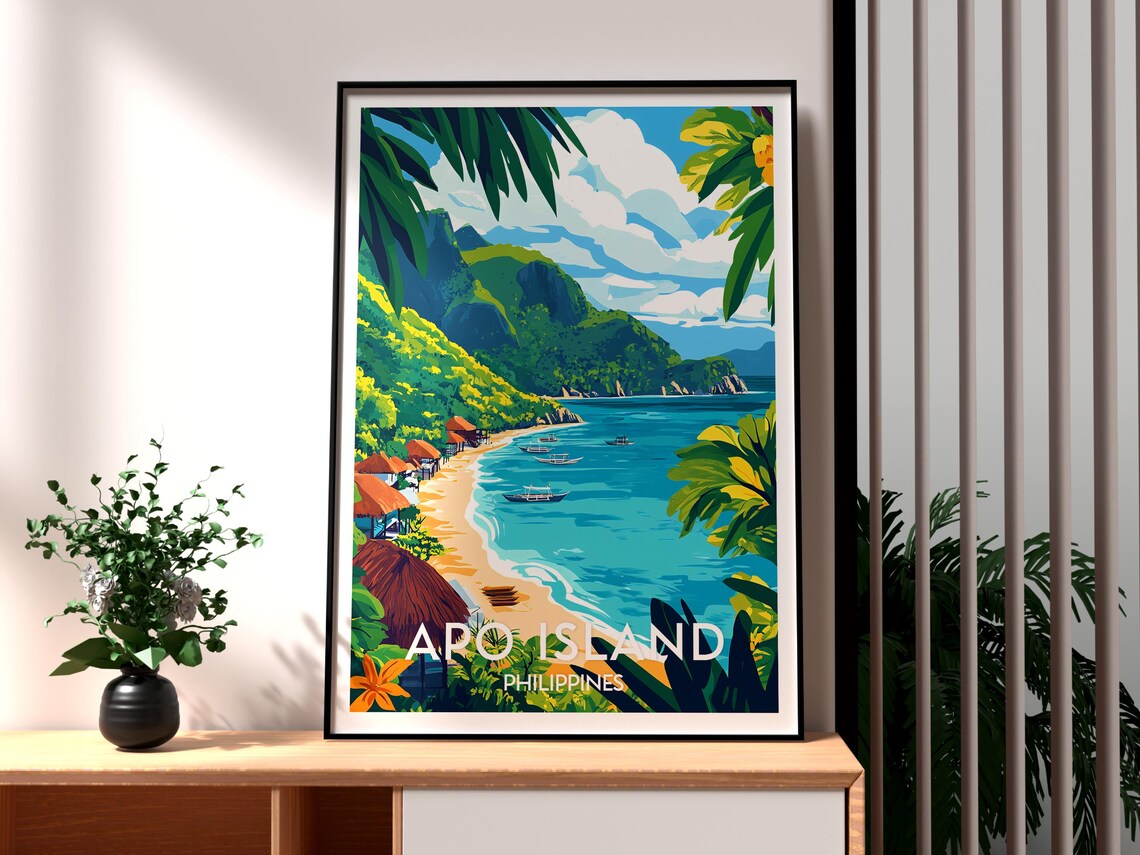 Apo Island Philippines Tropical Beach Boats Cliff Bay Travel Poster