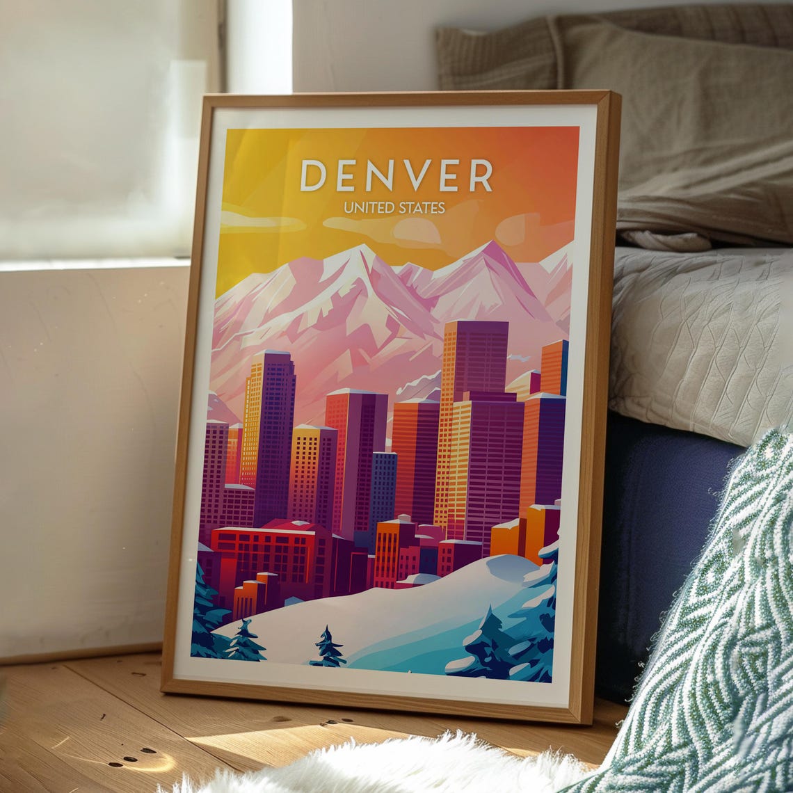 Denver Colorado Skyline Snowy Peaks Orange Sky Travel Poster - Image 3