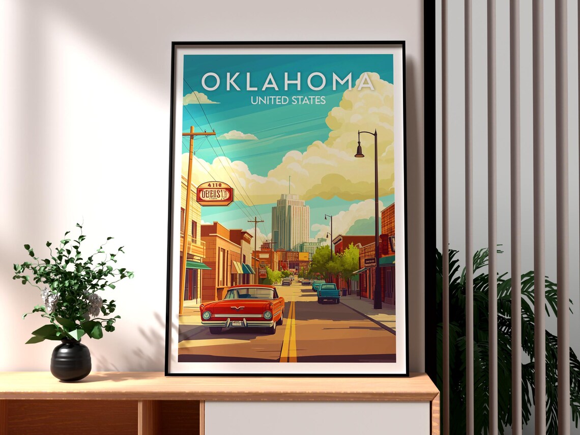 Oklahoma City Vintage Cars Retro Main Street Evening Scene Poster