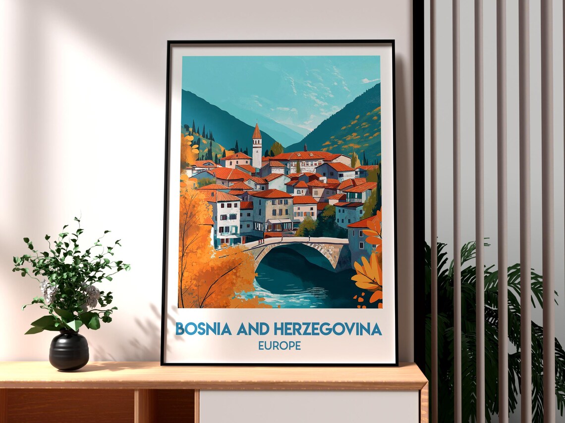 Bosnia and Herzegovina Mountain Town Autumn Colors Travel Poster