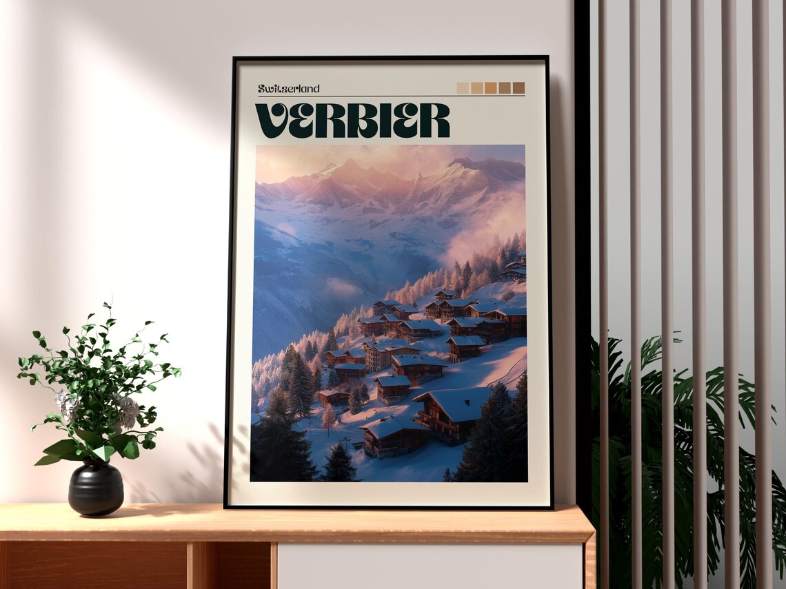 Verbier Switzerland Snowy Alpine Village Sunset Ski Resort Poster