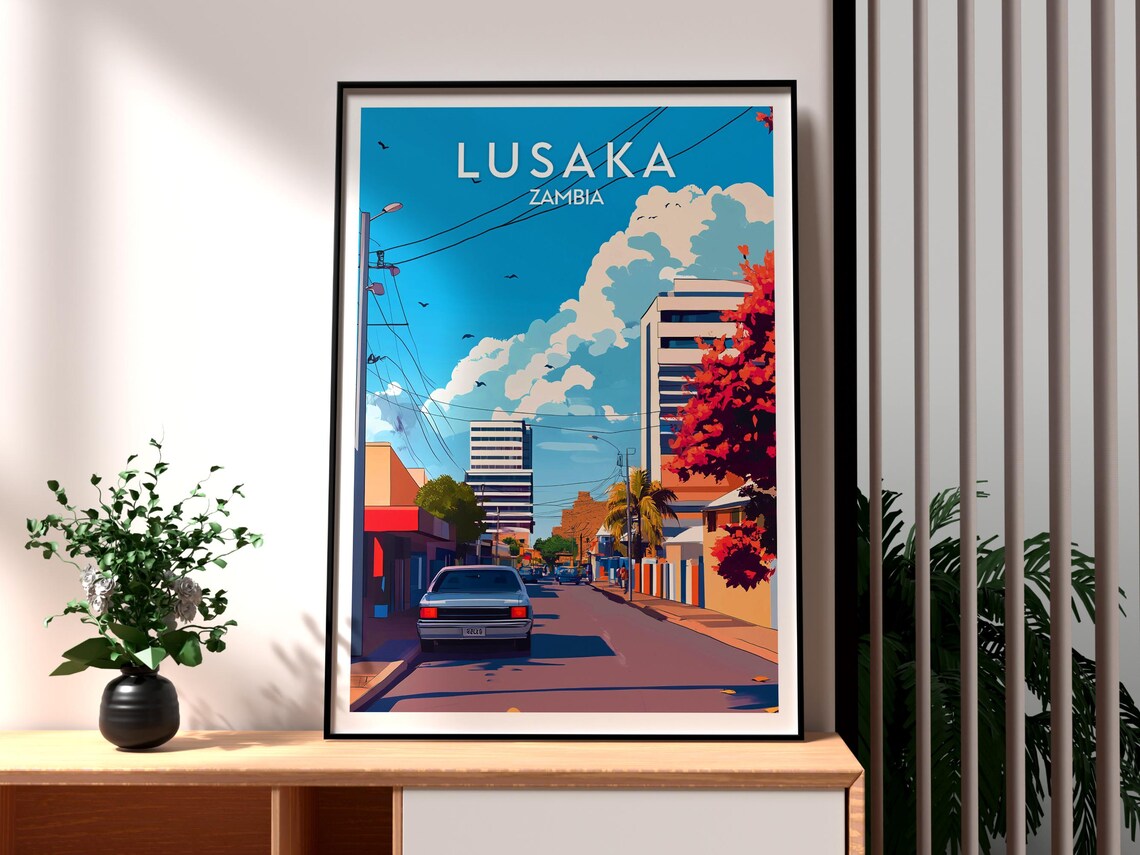 Lusaka Zambia Sunny City Street Classic Car Downtown Buildings Poster