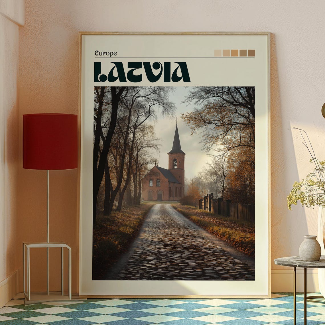 Latvia Europe Old Brick Church Quiet Autumn Cobblestone Road Poster - Image 2