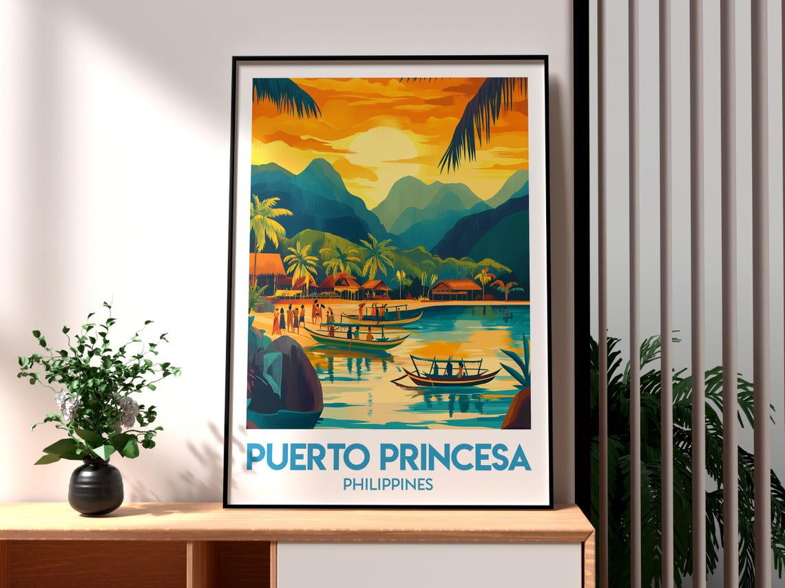 Puerto Princesa Philippines Sunset Lagoon Retro Travel Poster