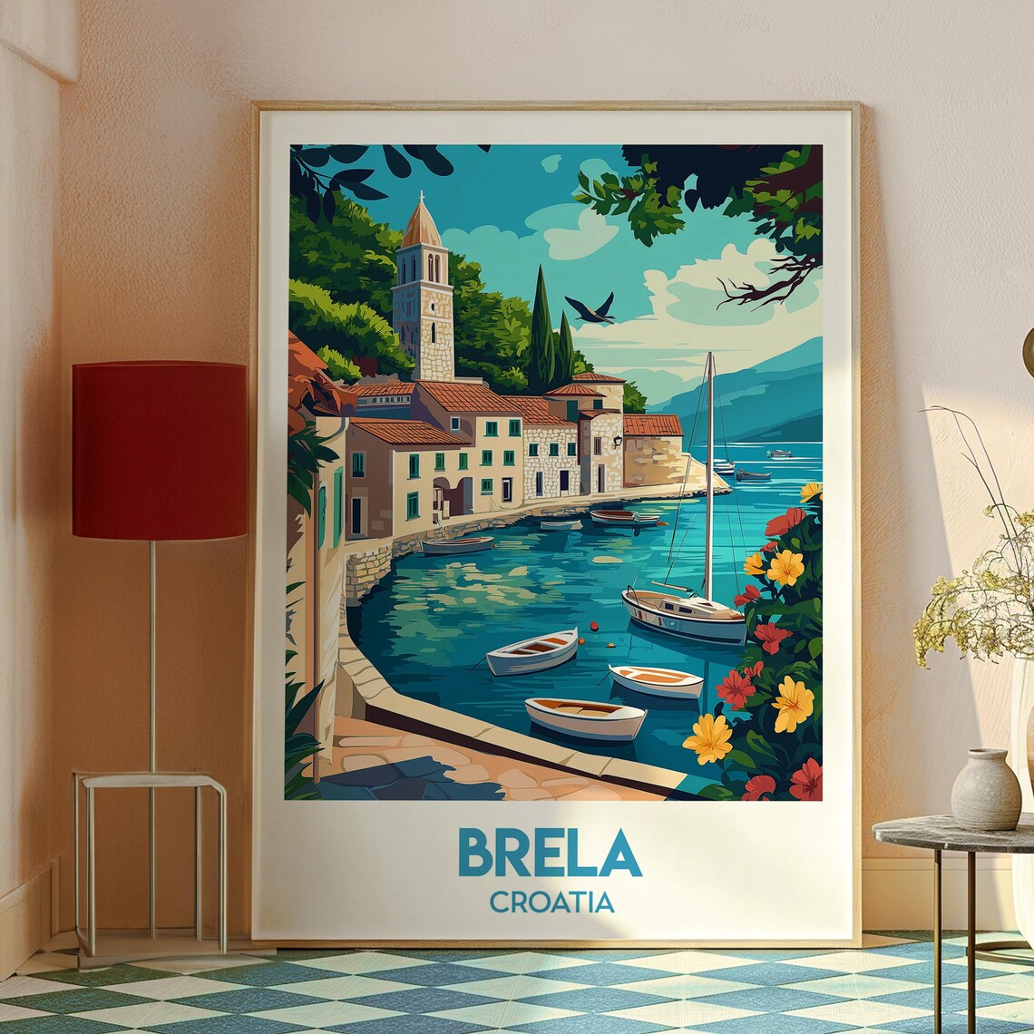 Brela Croatia Coastal Harbor Boats Church Tower Travel Poster - Image 2