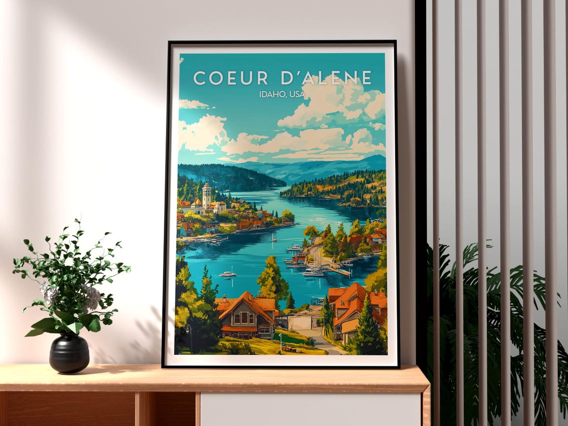 Coeur d'Alene Idaho Lakeside Town Boats Scenic Travel Art Poster