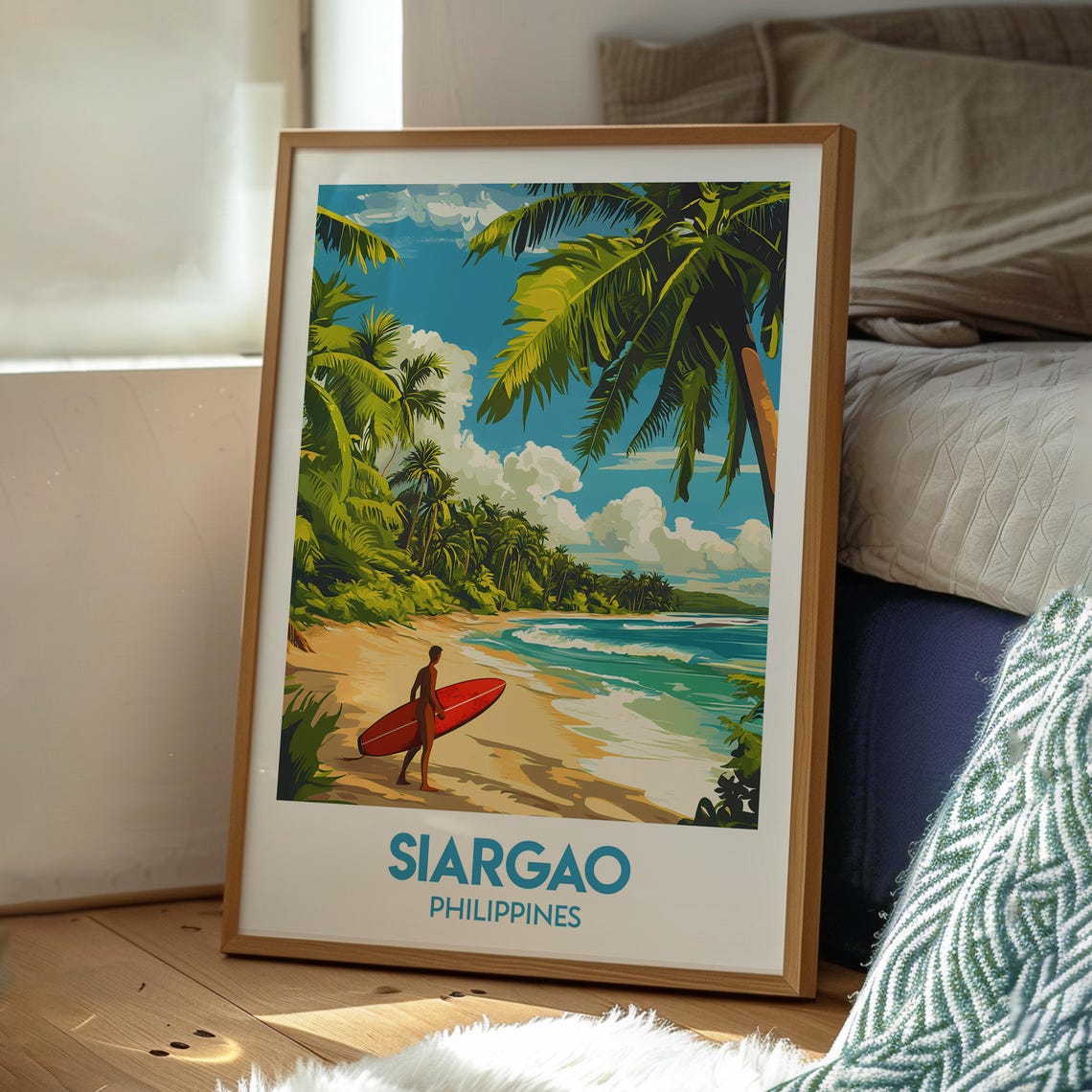 Siargao Philippines Surf Beach Palm Trees Red Board Travel Poster - Image 3