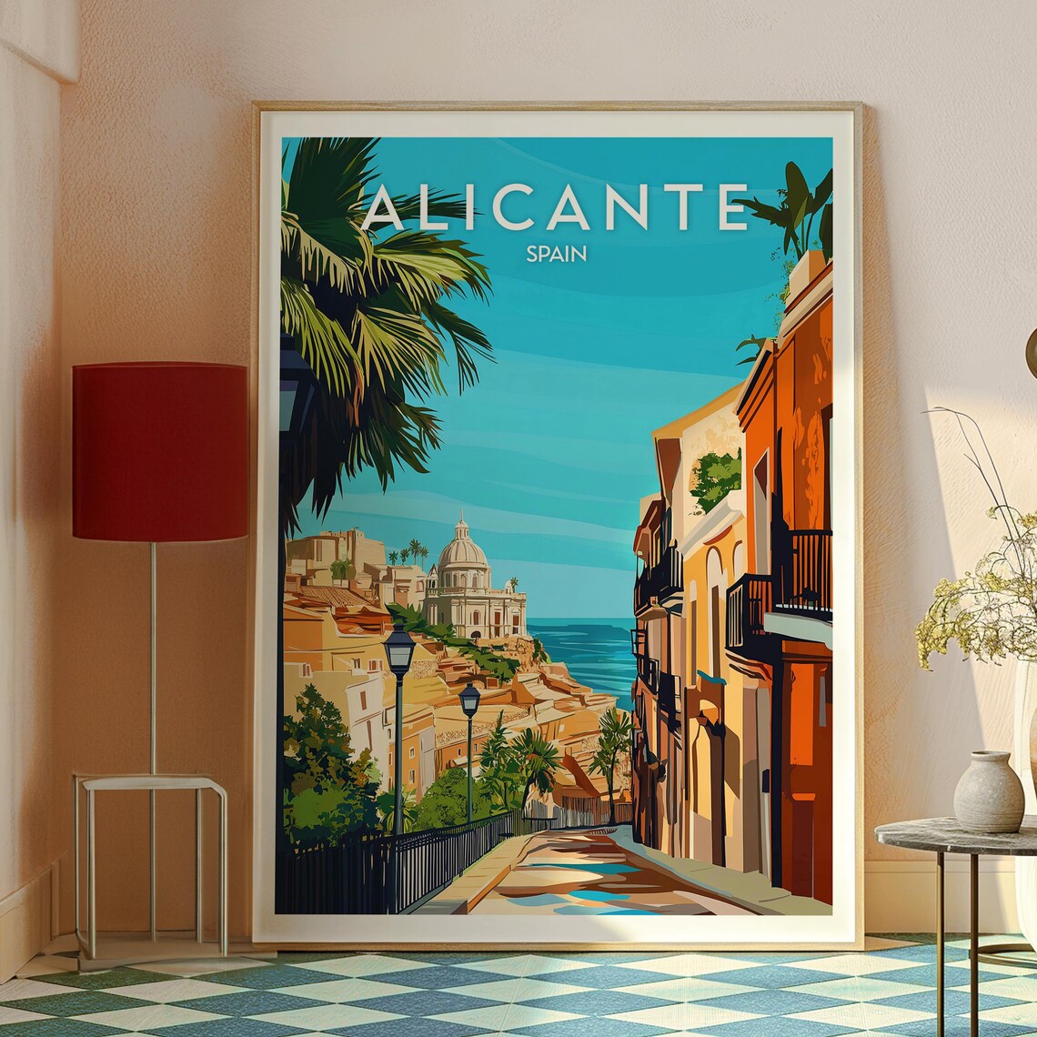 Retro Alicante Spain Seaside Old Town Palm Street Travel Poster - Image 2
