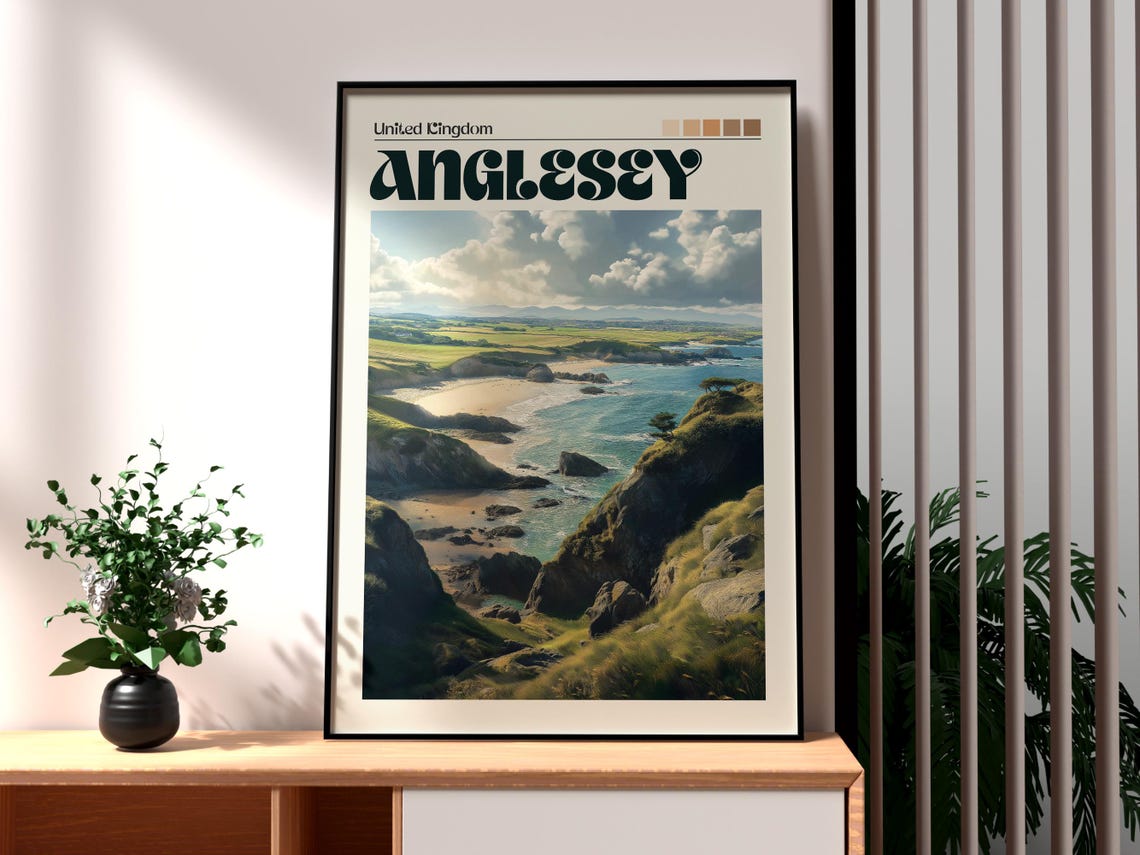 Anglesey Wales Rugged Coastal Cliffs Seaside Vintage Travel Poster