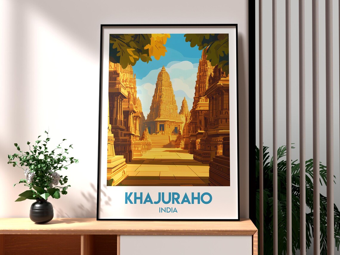 Khajuraho India Golden Ancient Temple Street Vintage Travel Art Poster