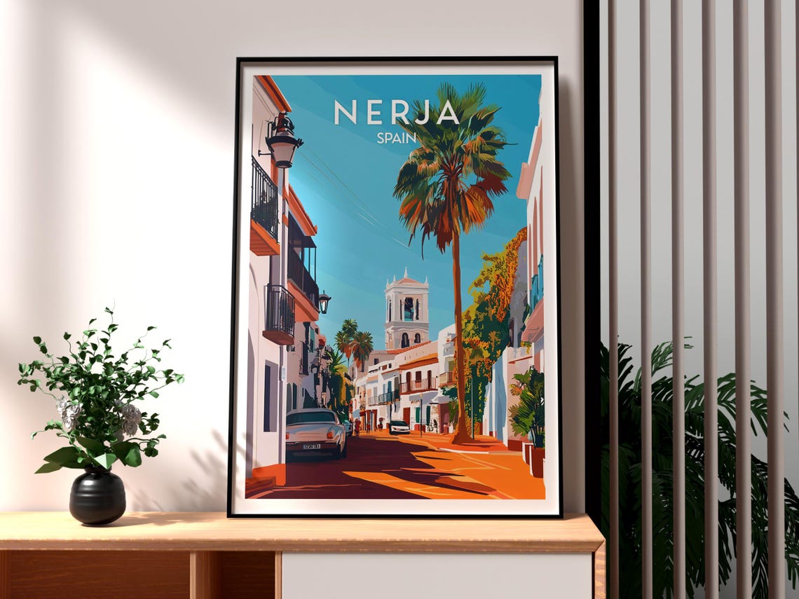 Nerja Spain Palm Tree Street Whitewashed Buildings Travel Poster