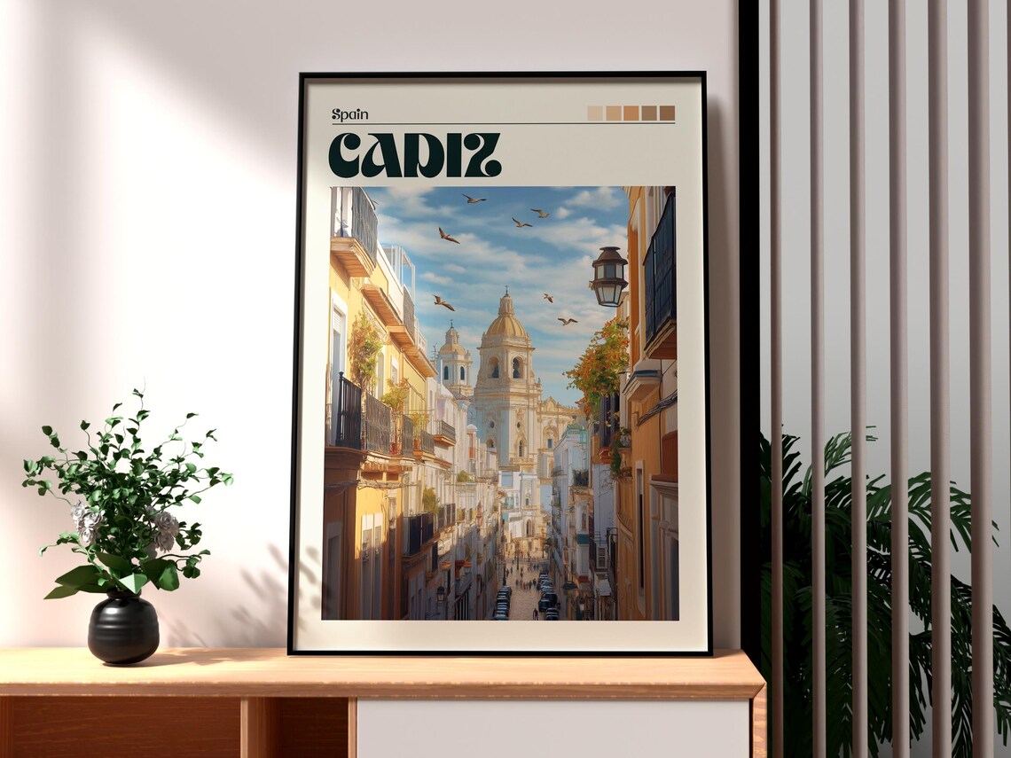 Cadiz Spain Old Town Street Cathedral Dome Andalusia Vintage Poster