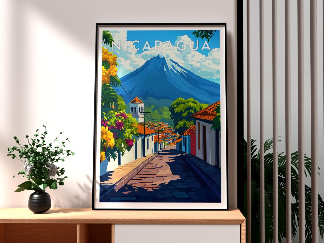 Nicaragua Colonial Street Volcano Tropical Town Travel Poster