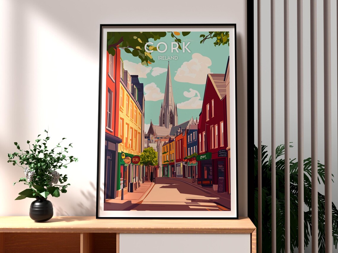 Cork Ireland Colorful Street Church Spire City Center Travel Poster