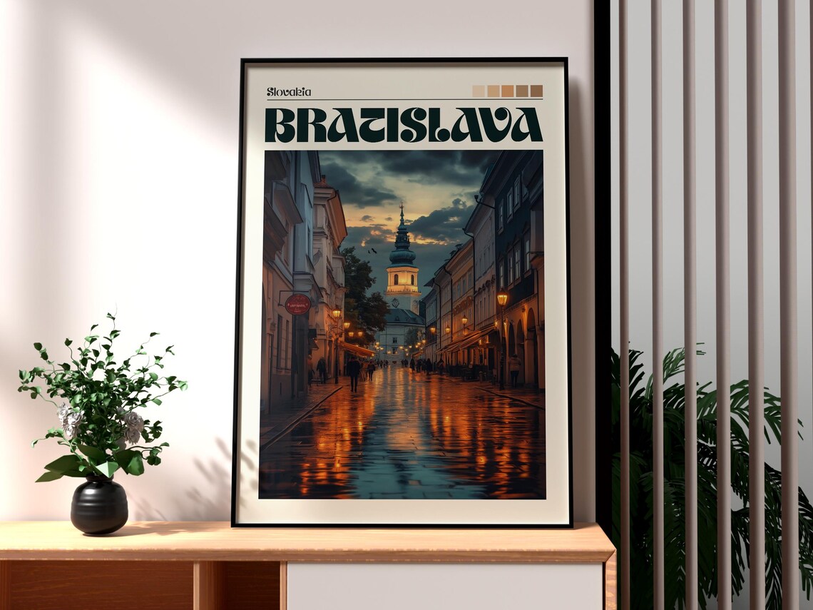 Bratislava Slovakia Rainy Night Old Town Street Lamp Reflections Poster