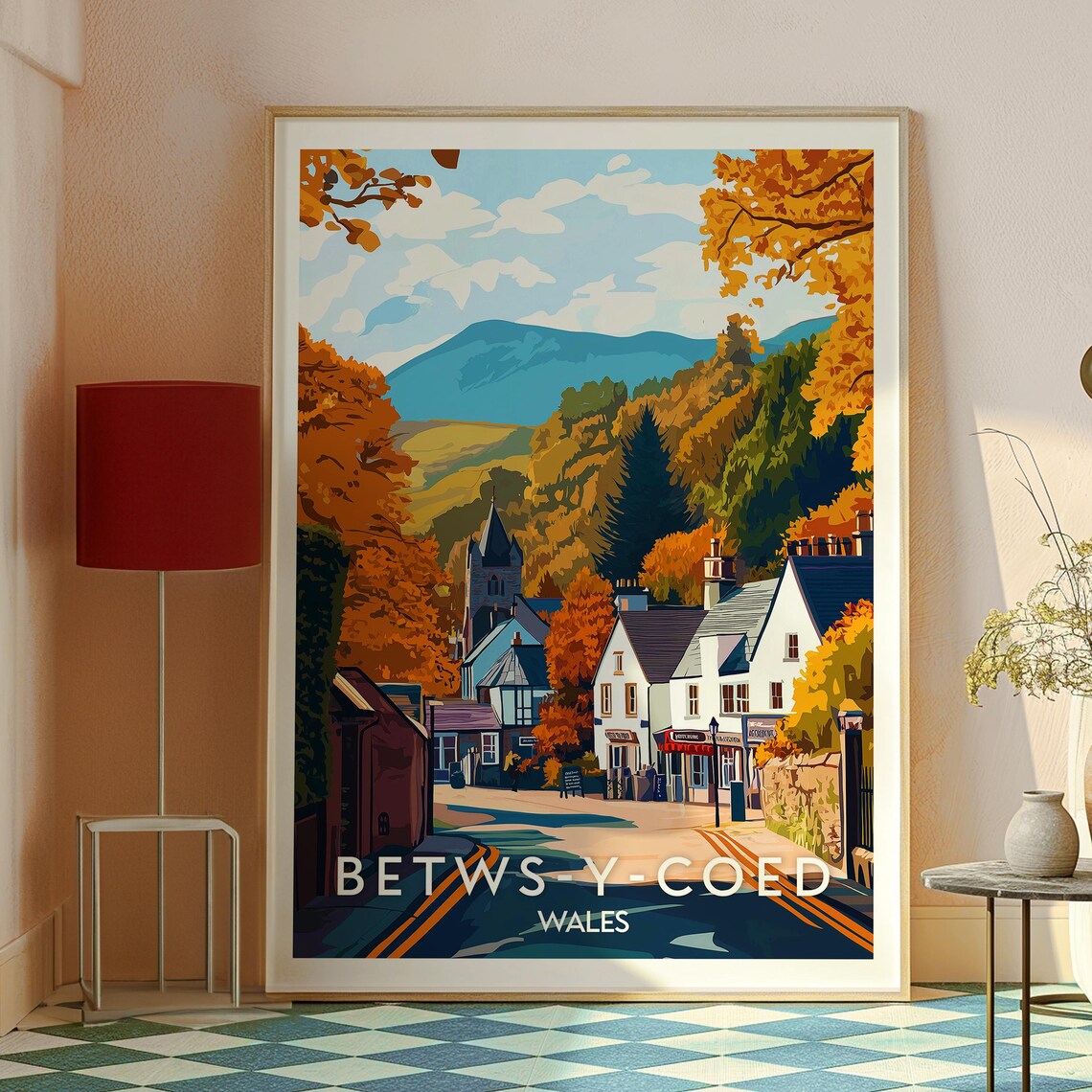 Betws-y-Coed Wales Golden Autumn Village Street and Church Poster - Image 2