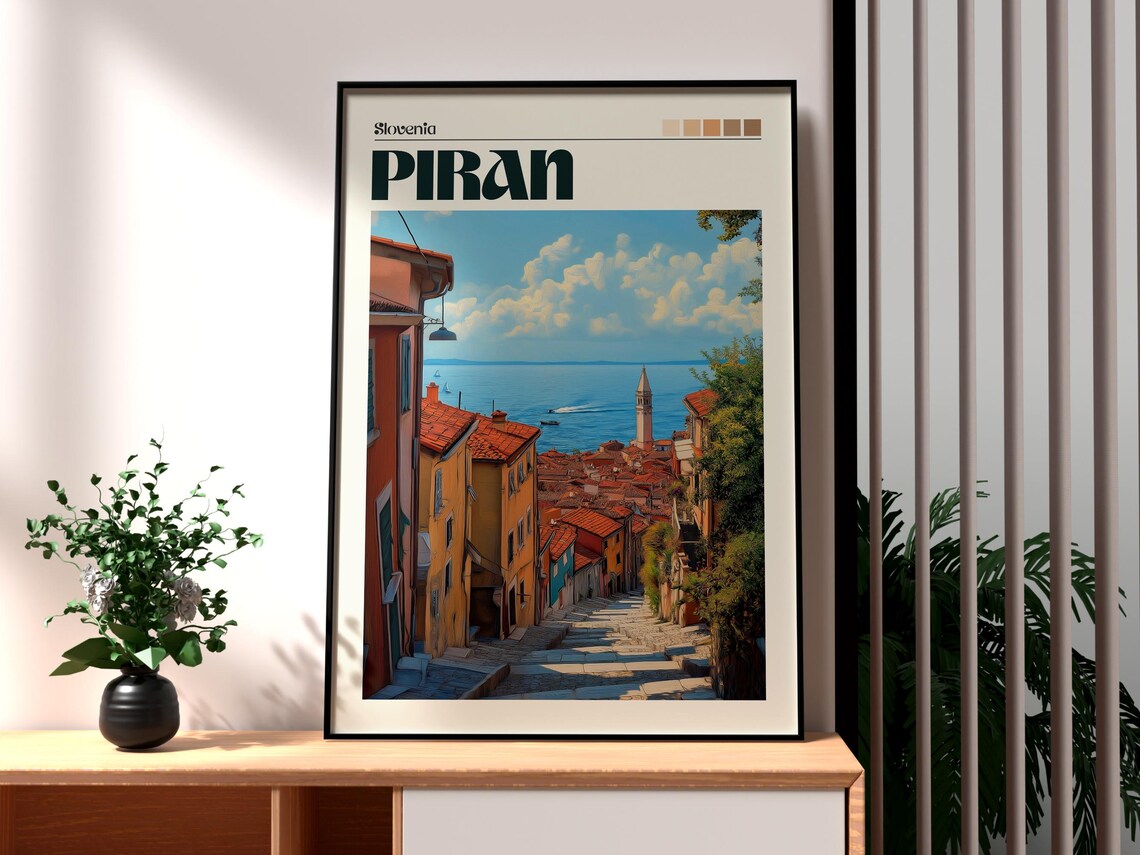 Piran Slovenia Adriatic Old Town Stone Bell Tower Travel Poster