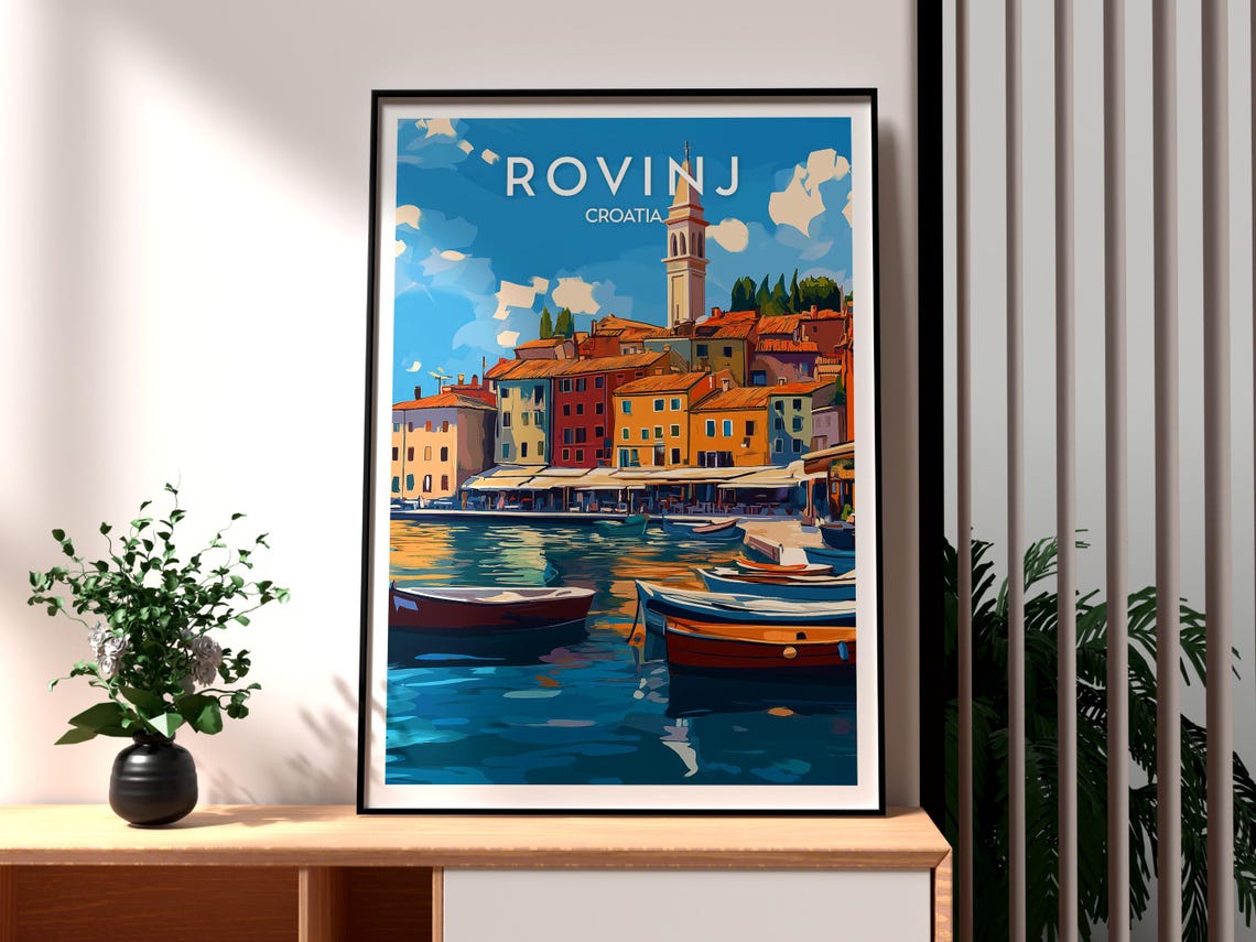 Rovinj Croatia Harbor Boats Bell Tower Old Town Travel Poster