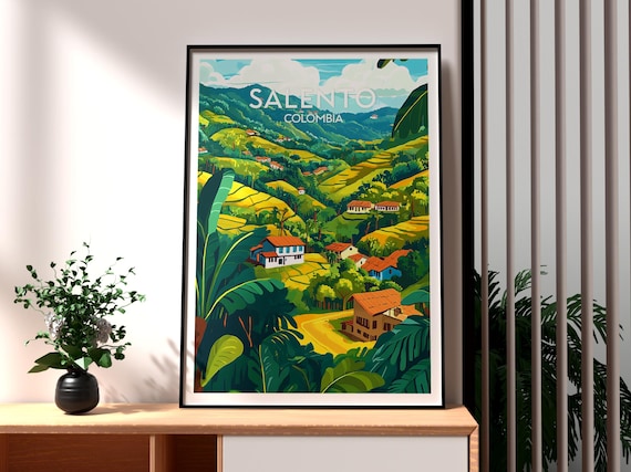 Salento Colombia Coffee Region Rolling Green Hills Vintage Travel Poster