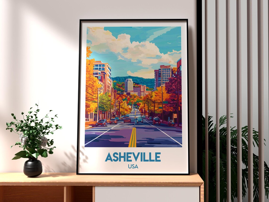 Asheville North Carolina Autumn Downtown Street Travel Poster