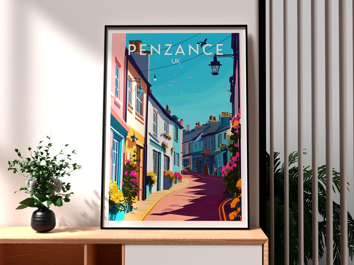 Penzance UK Flower Lined Coastal Street Cornish Town Travel Poster