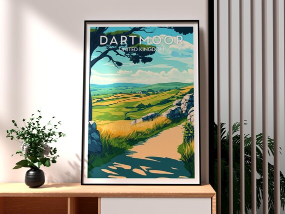 Dartmoor England Rolling Moorland Hills Stone Wall Countryside Travel Poster