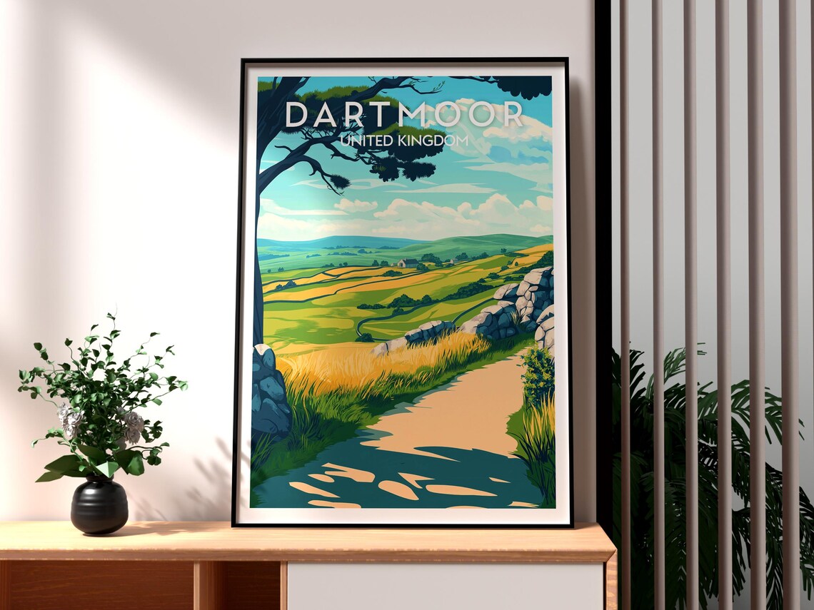 Dartmoor England Rolling Moorland Hills Stone Wall Countryside Travel Poster