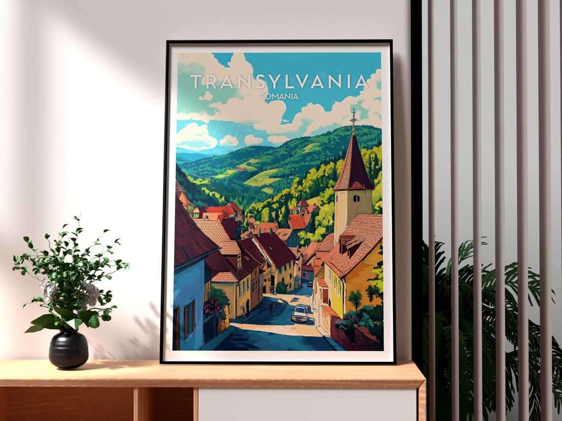 Transylvania Romania Village Church Carpathian Hills Travel Poster