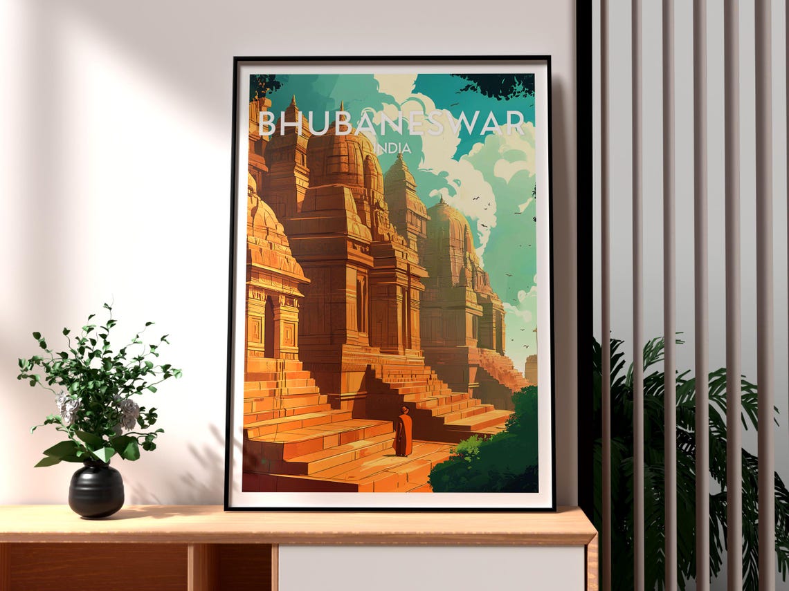 Bhubaneswar India Ancient Temple Steps Monk Sacred Travel Poster