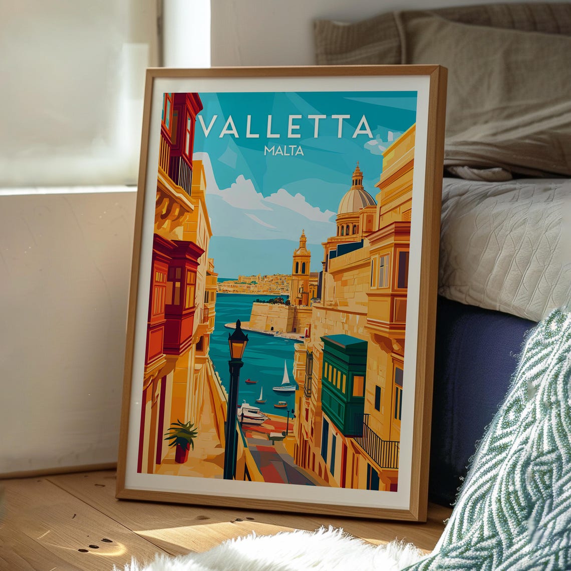 Valletta Malta Sunny Historic Seafront Street Retro Travel Poster - Image 3