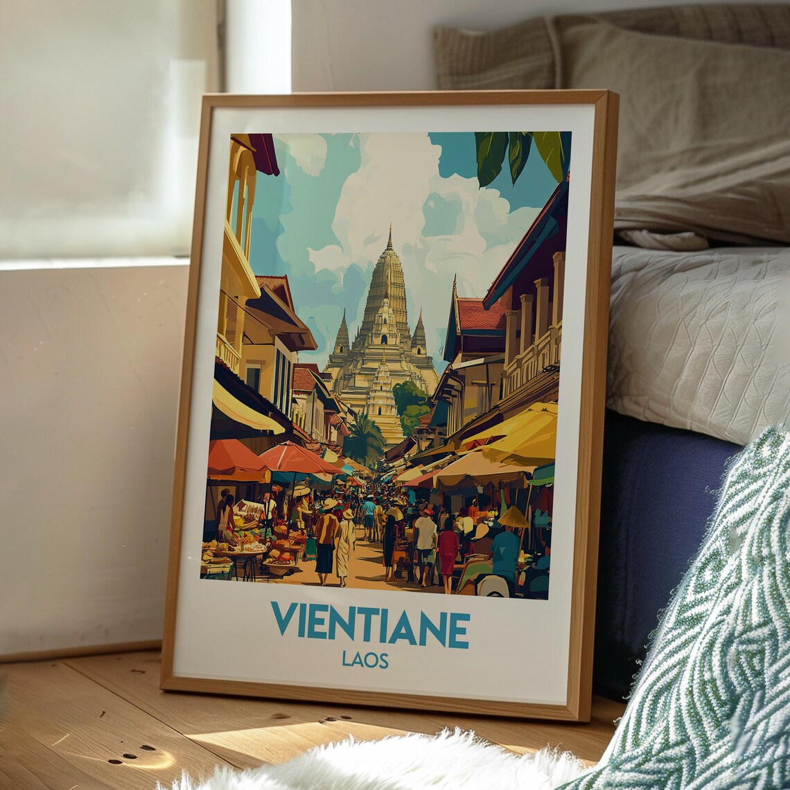 Vientiane Laos Golden Temple Street Market Scene Travel Poster - Image 3