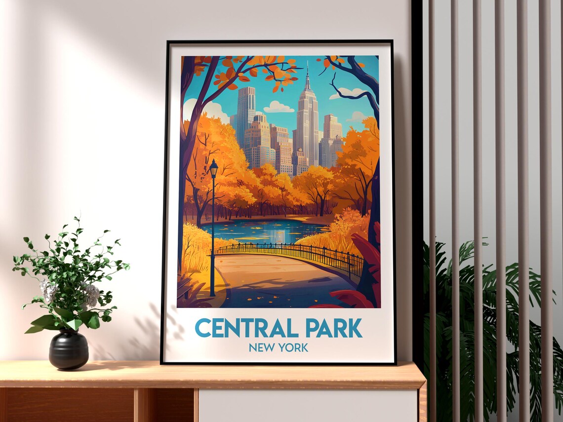 Central Park New York Autumn Foliage Skyline Retro Travel Poster