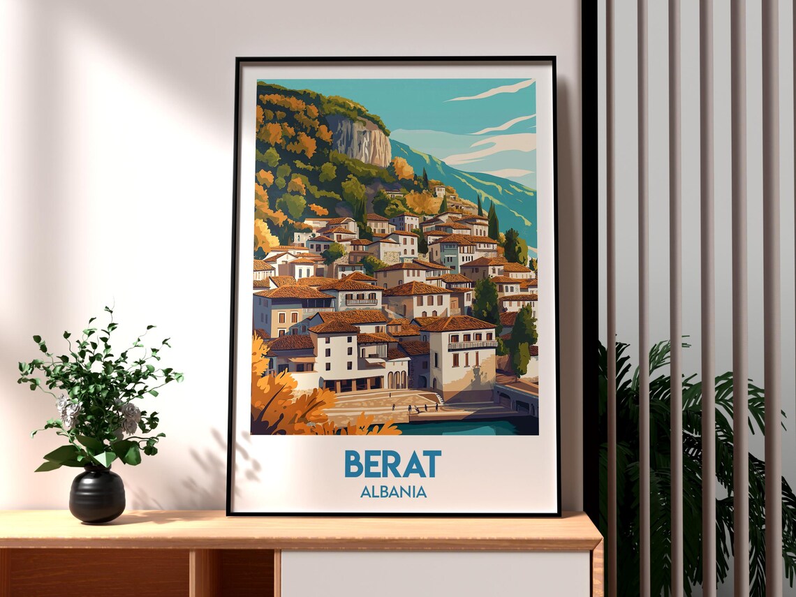 Berat Albania Historic Old Town Hillside Vintage Travel Poster