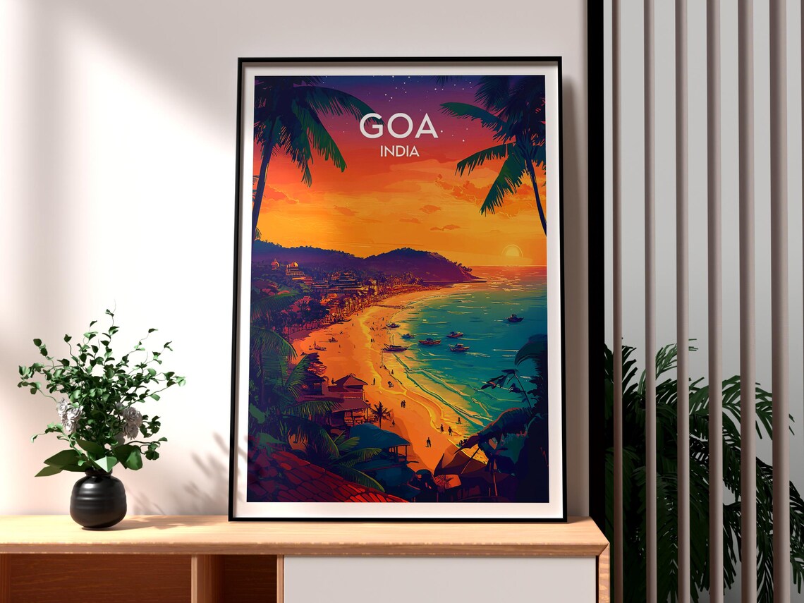 Goa India Palm Beach Sunset Boats Arabian Coast Travel Poster