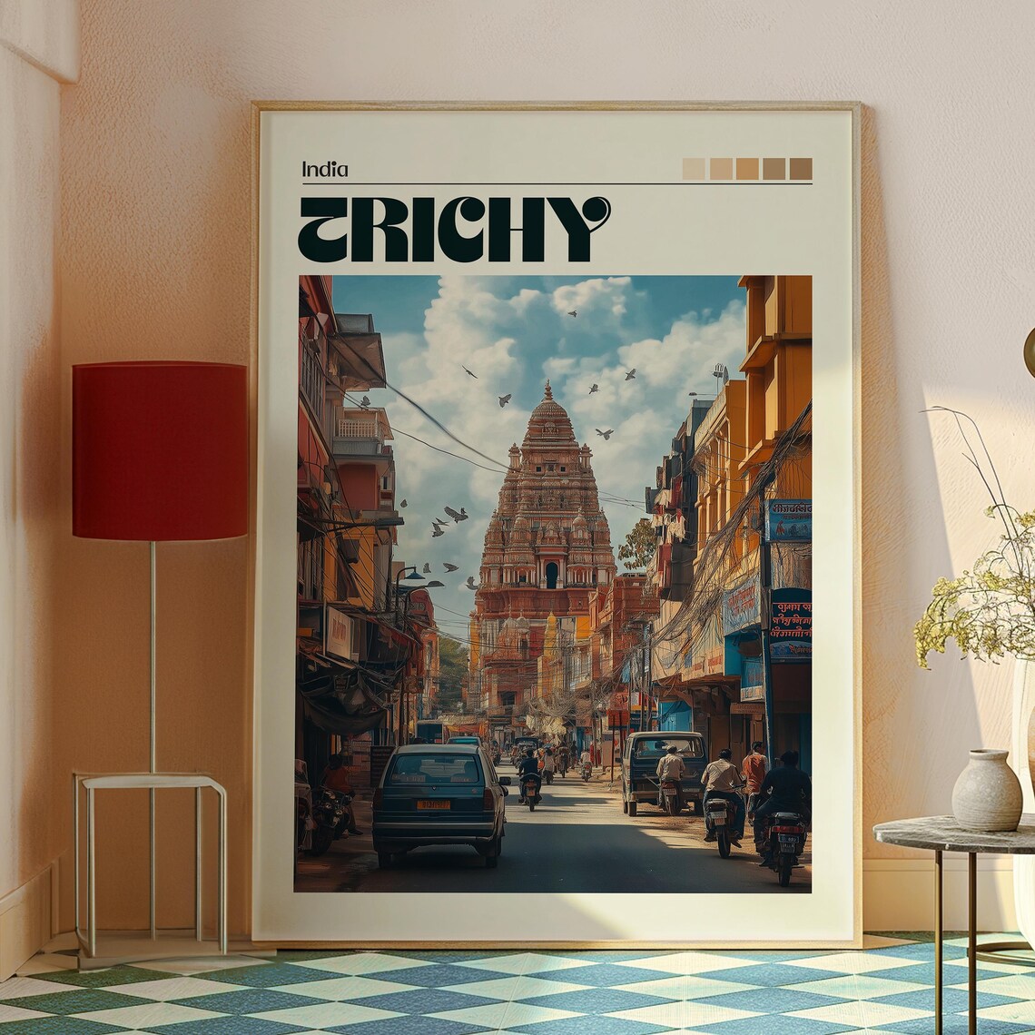 Trichy India Temple Tower Bustling Street Colorful Travel Poster - Image 2