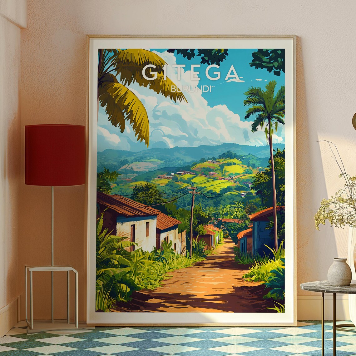 Gitega Burundi Tropical Village Road Palm Trees Green Hills Poster - Image 2