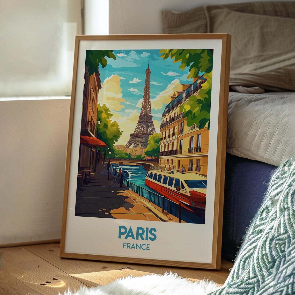 Paris France Eiffel Tower Canal Boat Street Scene Art Poster - Image 3