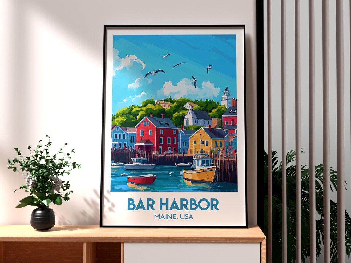 Bar Harbor Maine USA Fishing Harbor Vintage Style Travel Poster