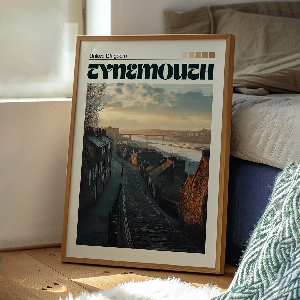Tynemouth England Cobblestone Street River Tyne Sunset Travel Poster - Image 3