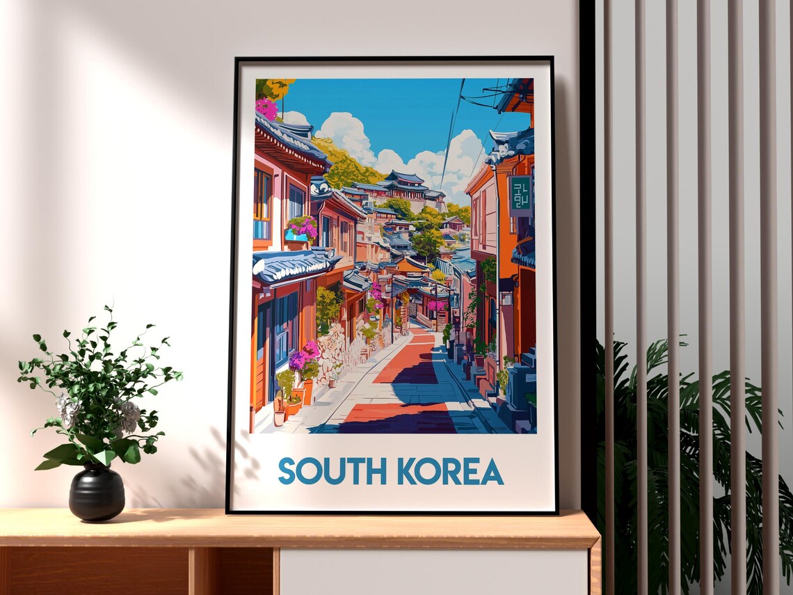 South Korea Traditional Hanok Alley Retro Vintage Travel Poster
