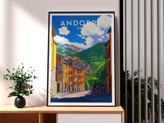 Retro Andorra Europe Pyrenees Village Street Mountain Travel Poster