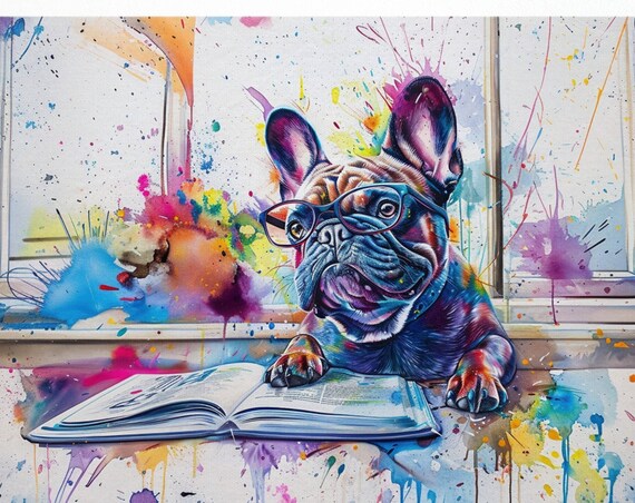 French Bulldog With Glasses Reading By Window Paint Splash Dog Poster