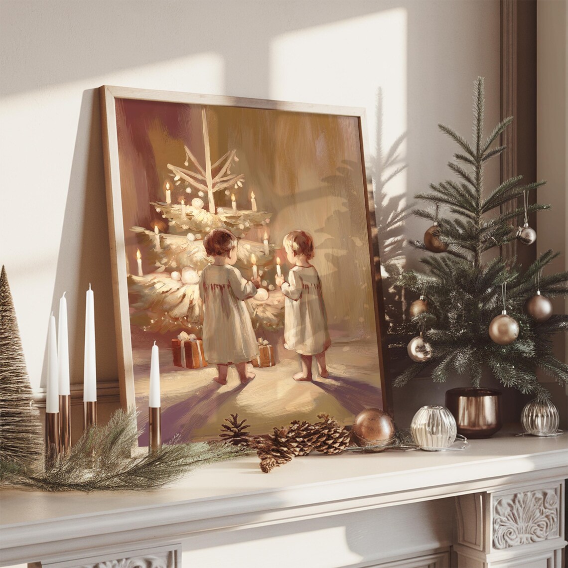 Vintage Children With Candles by Cream Christmas Tree Gifts Poster - Image 3