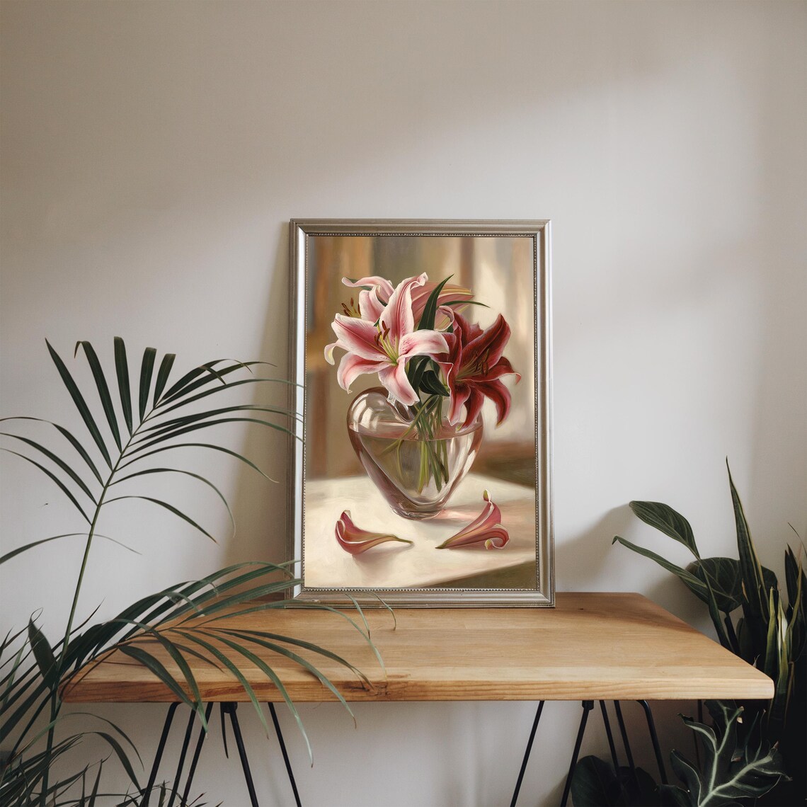 Pink Lilies in Heart Shaped Glass Vase Romantic Oil Painting Poster - Image 4