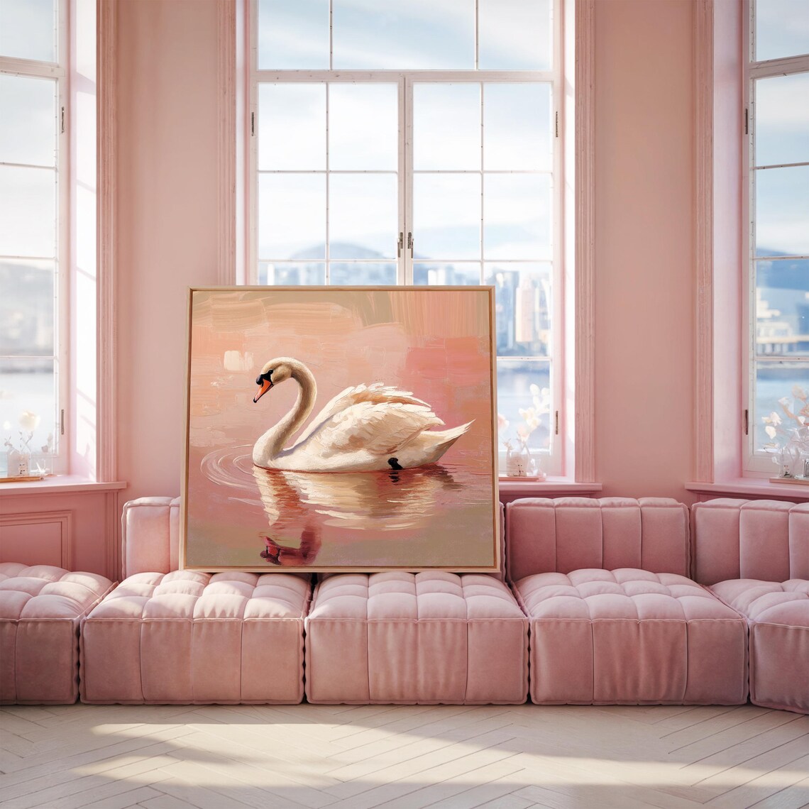 Elegant White Swan Gliding on Rose Pink Water Oil Painting Poster - Image 2