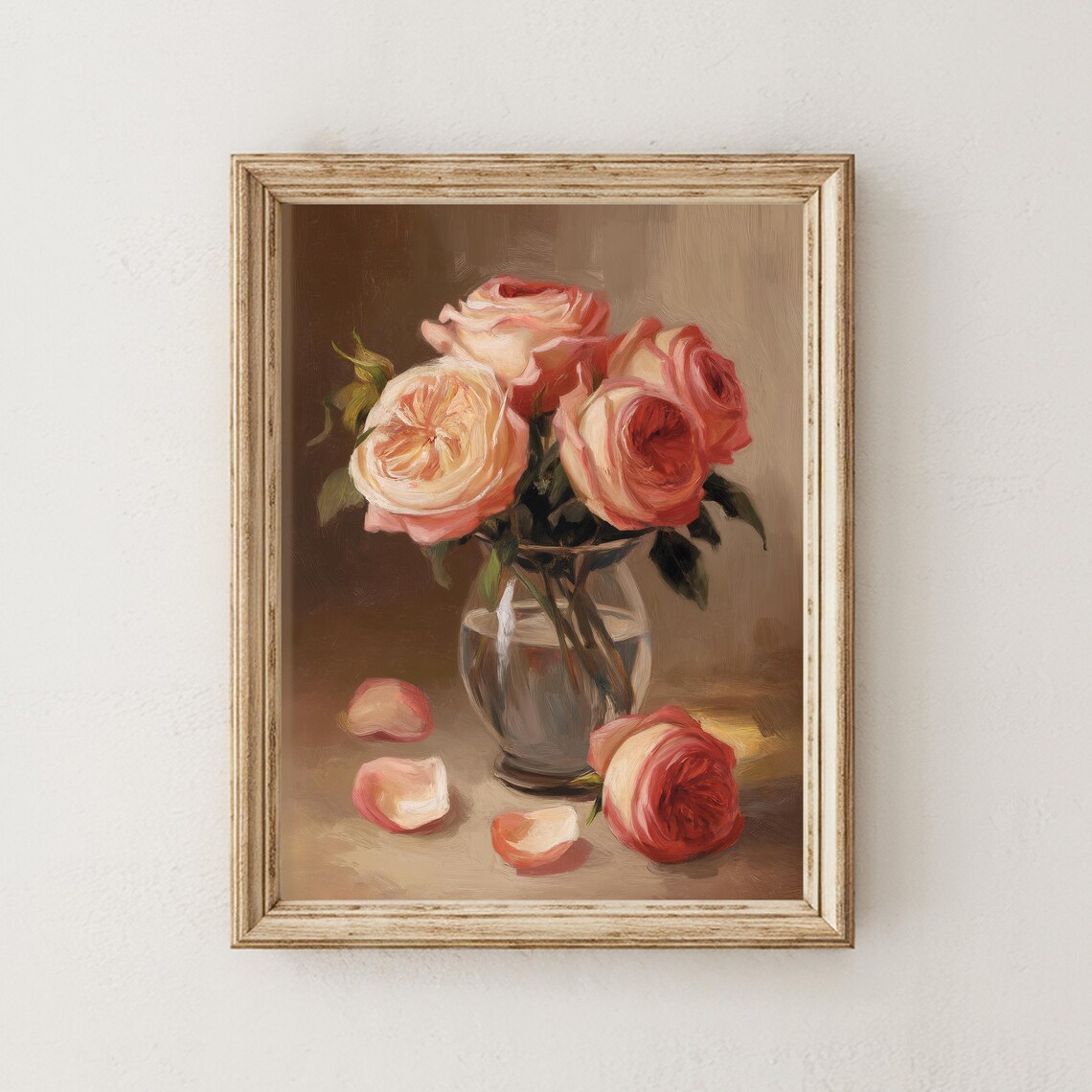 Coral Pink Roses Glass Vase Sunlit Oil Painting Warm Floral Poster - Image 4